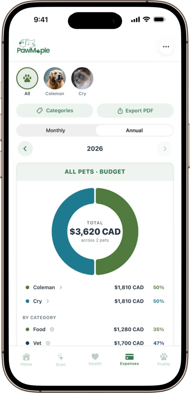 The PawMaple expenses screen: spending by category with scanned receipts
