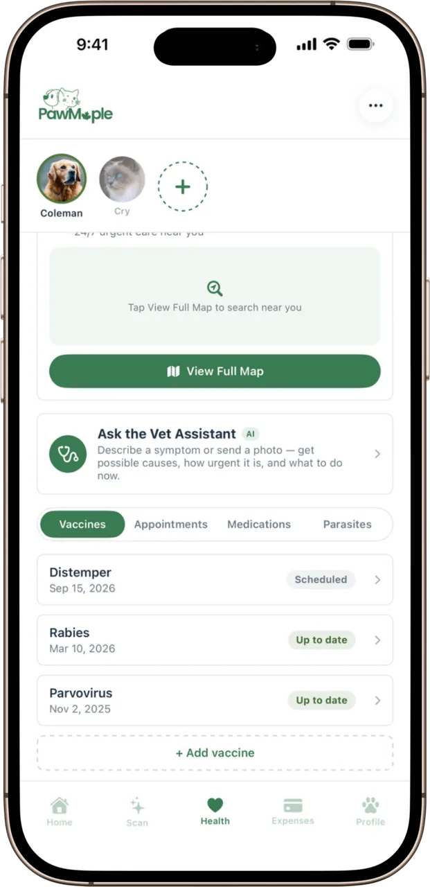 The PawMaple health record: vaccine list, nearby clinic search and the vet assistant